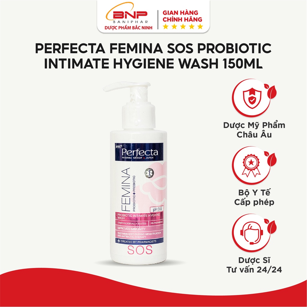 Dung dịch vệ sinh phụ nữ Perfecta Pharmacy Femina SOS Probiotic Intimate Hygiene Wash làm giảm kích ứng, mẩn đỏ 150ml