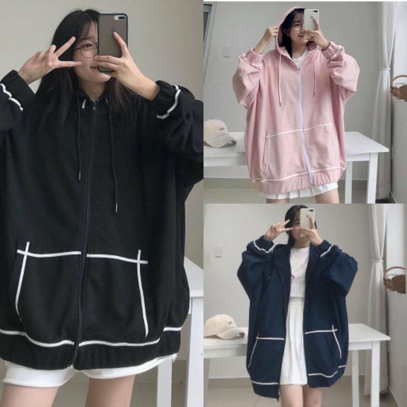 Áo khoác nữ, áo hoodie nữ phom rộng chạy viền tay bồng có mũ HANY CLOTHINGS G068 màu xanh/đen/hồng