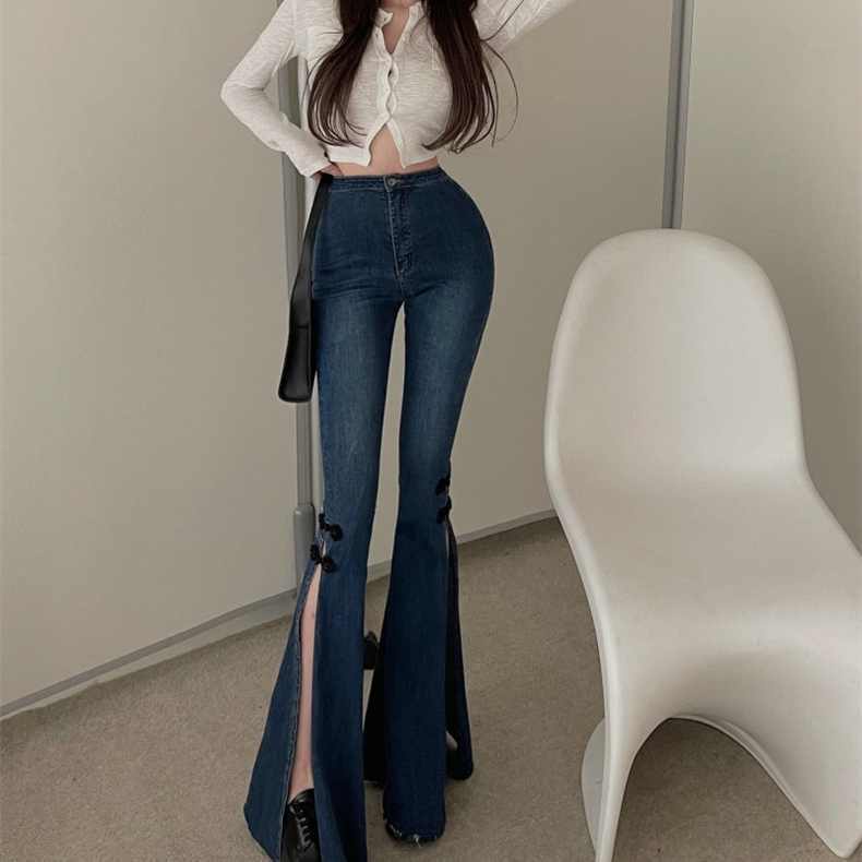 Phong cách mới!F &amp; X Quần Jean Ống Loe Dáng Suông Lưng Cao Co Giãn Có Khóa Cài Kiểu Retro Cá Tính