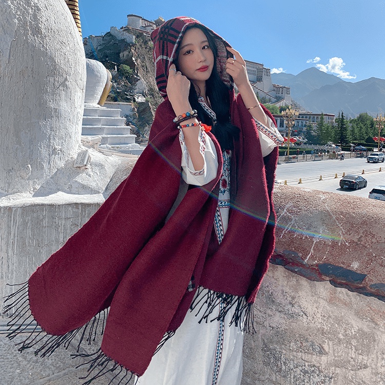 Đồ len nữ thu đông đẹp, Quốc gia phong cách khăn choàng áo choàng nữ ấm áp Tây Tạng đồng cỏ Thanh Hải Vân Nam Lệ Giang T
