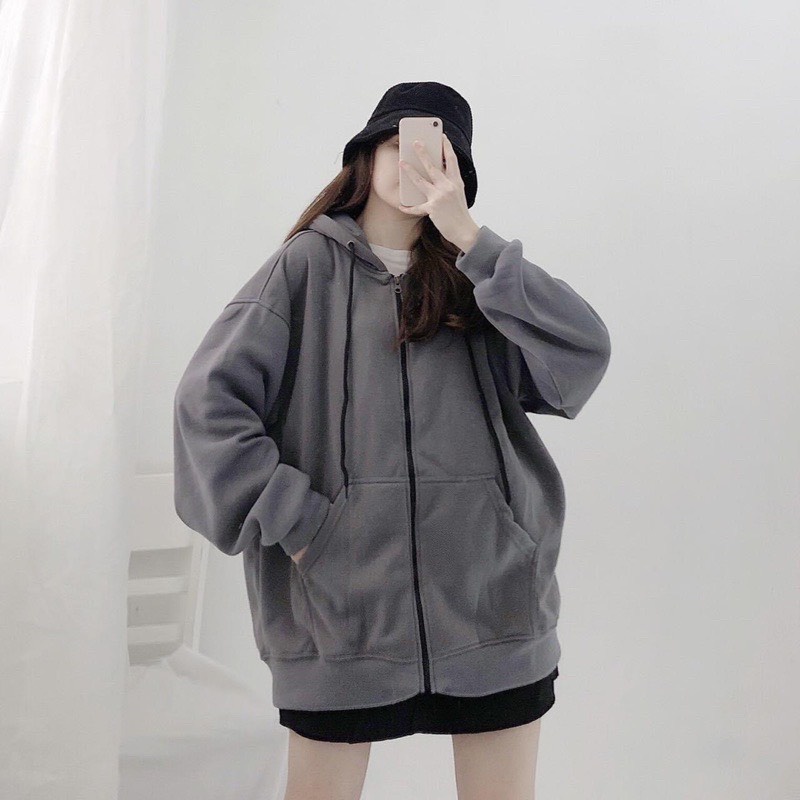 Áo Khoác Hoodie Zip Kéo Dáng Rộng Trơn nam nữ, Áo Hoodie zip phom rộng.