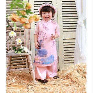 [⚡FREESHIP⚡] Set Áo Dài Cách Tân Chuồn Chuồn Cánh Sen Màu Hồng Nude Hàng Thiết Kế Cao Cấp Cho Bé Từ 6kg đến 45kg Mặc Vừa