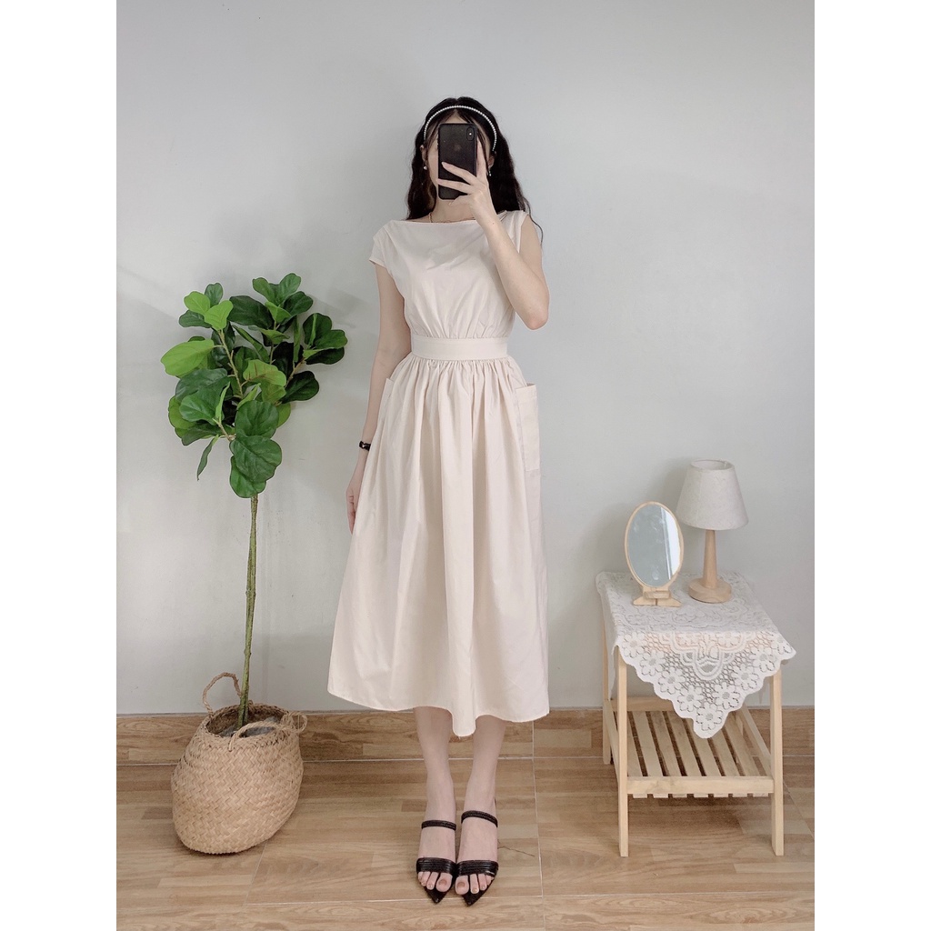 V17_ Váy lệch vai thun eo xòe dài đơn giản style vintage Hàn Quốc tiểu thư