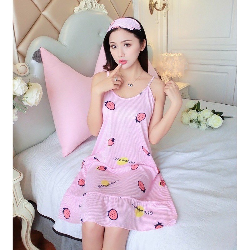 [XẢ KHO 1 NGÀY] VÁY NGỦ hai dây có đệm ngực đuôi xếp li ( tặng kèm bịt mắt )