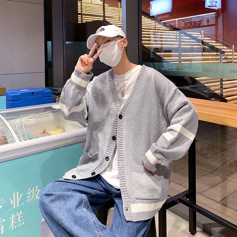 Áo khoác cardigan dệt kim cổ chữ V màu trơn kẻ sọc thời trang cho nam