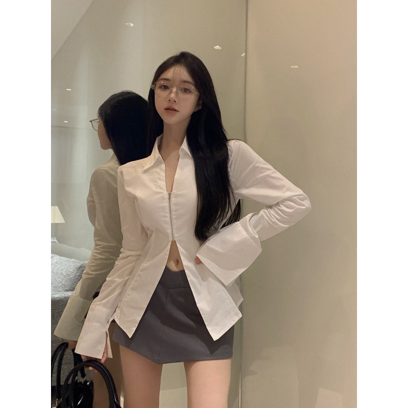 HUANG YOYO Áo Sơ Mi Trắng Tay Dài Cổ Chữ v Khóa Kéo Thời Trang Hàn Quốc Cho Nữ