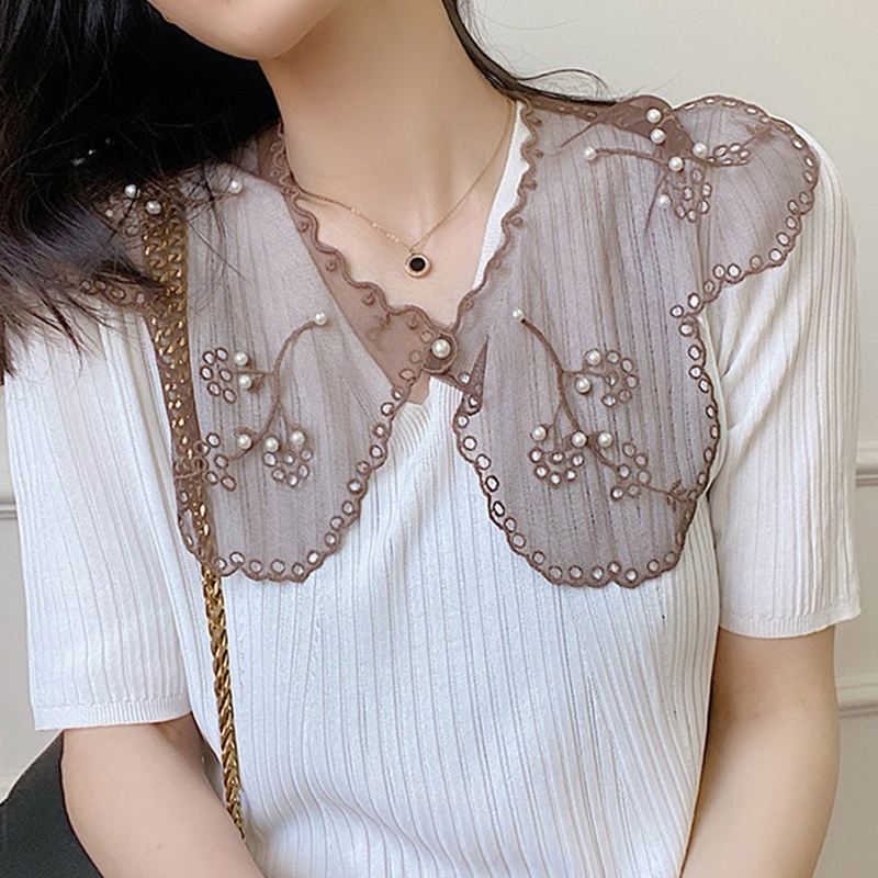 Cổ Áo Giả Màu Trắng Thêu Họa Tiết Đính Ngọc Trai Có Thể Tháo Rời