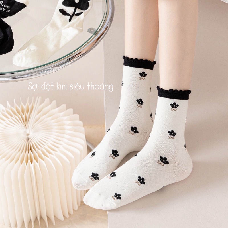Tất vớ cổ cao chất liệu cotton co giãn bốn chiều, set tất vớ họa tiết dễ thương - Sope Shop