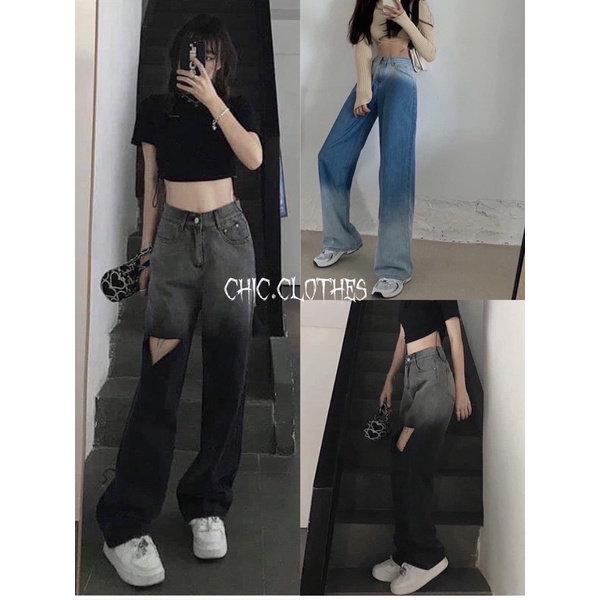 Quần bò loang đen xám rách đùi nữ Chicclothes 🌺Jeans phối ống xuông cạp cao hack dáng | BigBuy360 - bigbuy360.vn