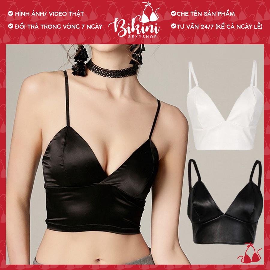 👙❣️ Áo bra nữ 2 dây lụa phi bóng khuy lưng có đệm ngực freesize màu đen/ trắng Bra017
