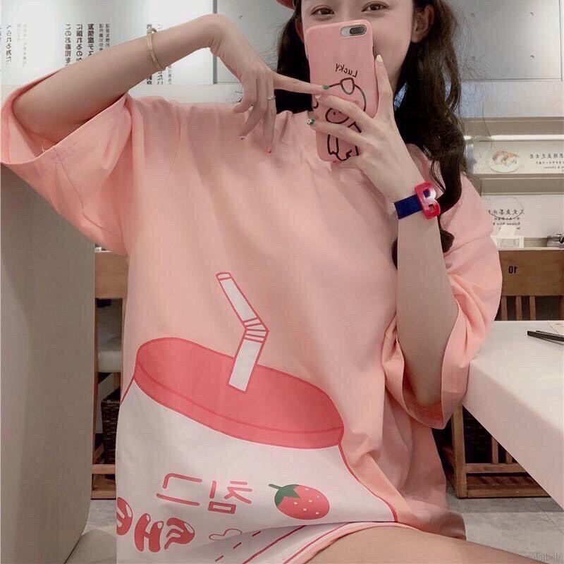 Áo Thun Form Rộng Tay Lỡ Unisex Hình Cốc Trà Sữa A11