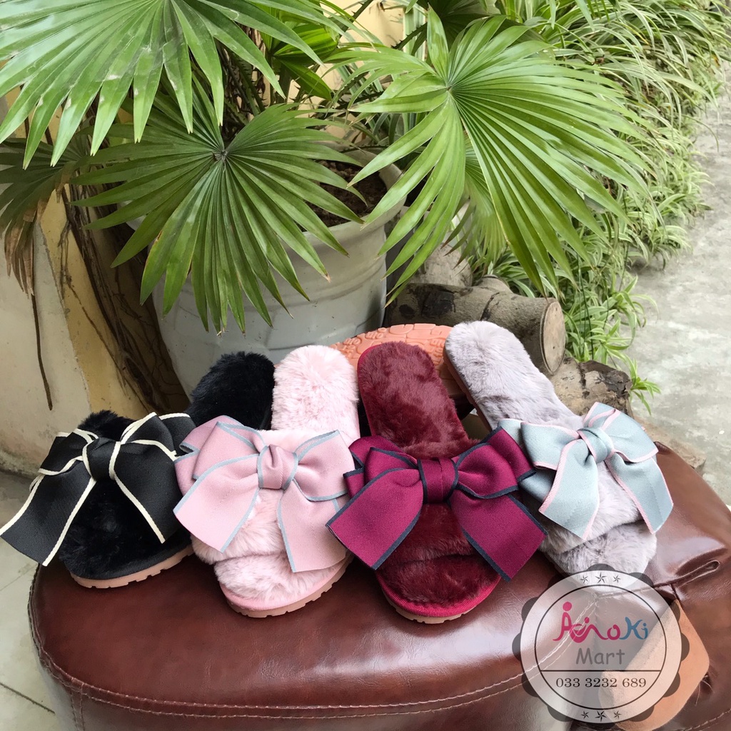 Dép Lông Đi Trong Nhà Hàn Quốc Gắn Nơ Mokimart, Chuẩn size, Dép Bông Đi Trong Nhà Đế Cao Su Đẹp Êm Sang Bền