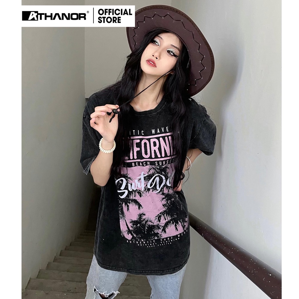 Áo phông nữ form rộng ATHANOR chất cotton wash xám mẫu vintage california