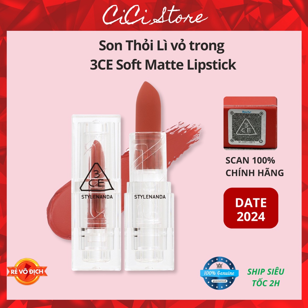 Son Thỏi Lì vỏ trong 3CE Soft Matte Lipstick, Date 2024