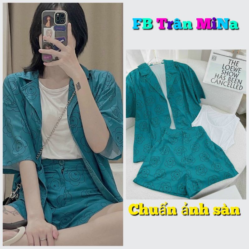 ( Sẵn) Set đồ nữ năng động 3 món: Áo khoát cổ vest tay ngắn+ áo 3 lỗ+ Short