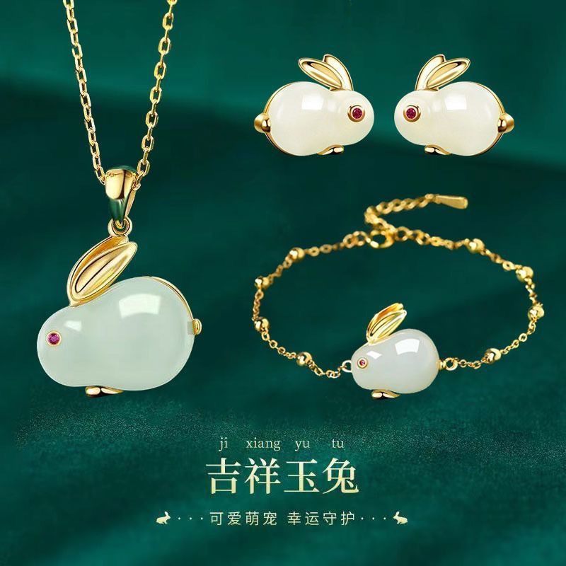 Bộ Trang Sức Hình Thỏ Đính Đá Ngọc Bích Màu Xanh Lá Sang Trọng