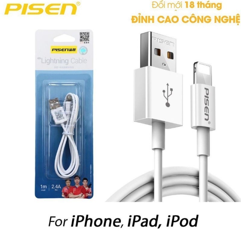 Cáp sạc nhanh Pisen Lightning 1000mm cao cấp - Bảo hành chính hãng 18 tháng