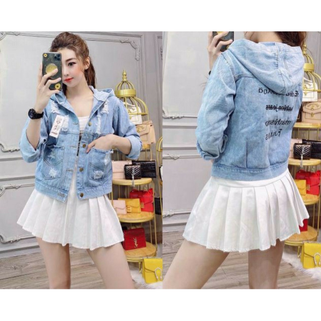 Áo Khoác jean Nữ mũ thêu HE - áo jean nữ Rugyb tà chéo form lững dài áo 48-50cm size 39-57kg