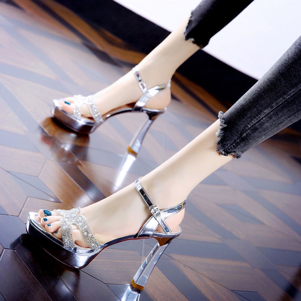Giày Sandal Cao Gót 22 Đính Đá Chống Nước Hở Ngón Phong Cách Âu Mỹ Cho Nữ