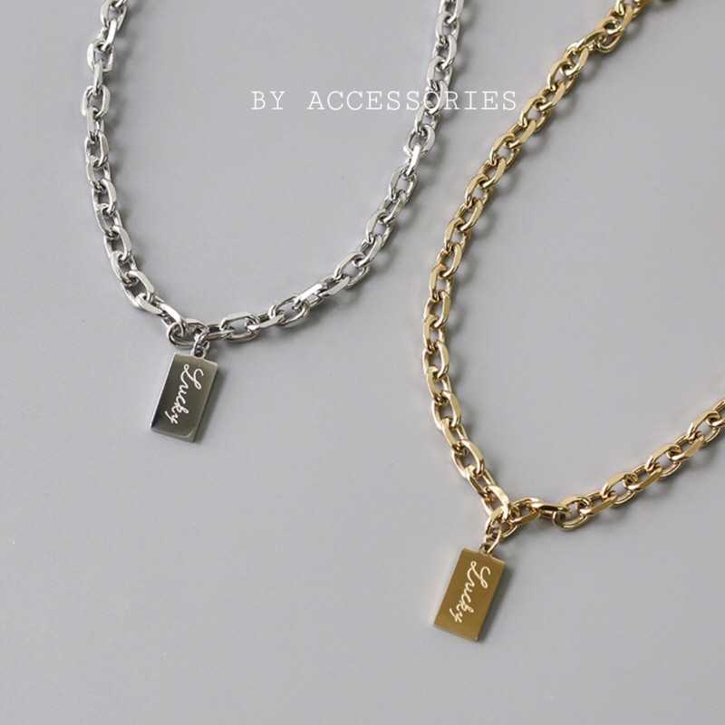 Dây chuyền titan xích tròn vát cạnh phối mặt chữ nhật Lucky không gỉ