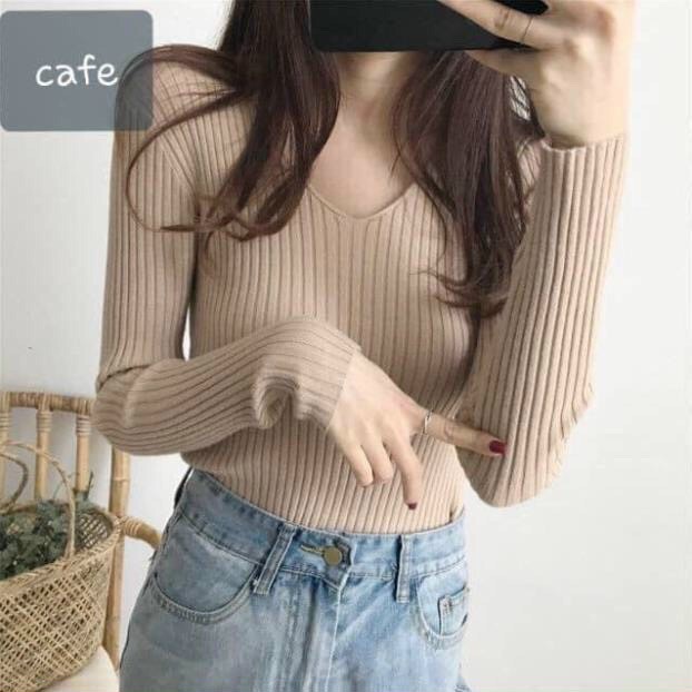 Áo Len Nữ cổ tim tay dài from áo ôm body nhiều màu