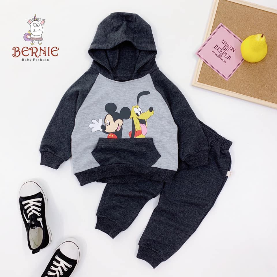 Set bộ quần áo dài tay da cá, áo có mũ họa tiết micky/ mickey cho bé