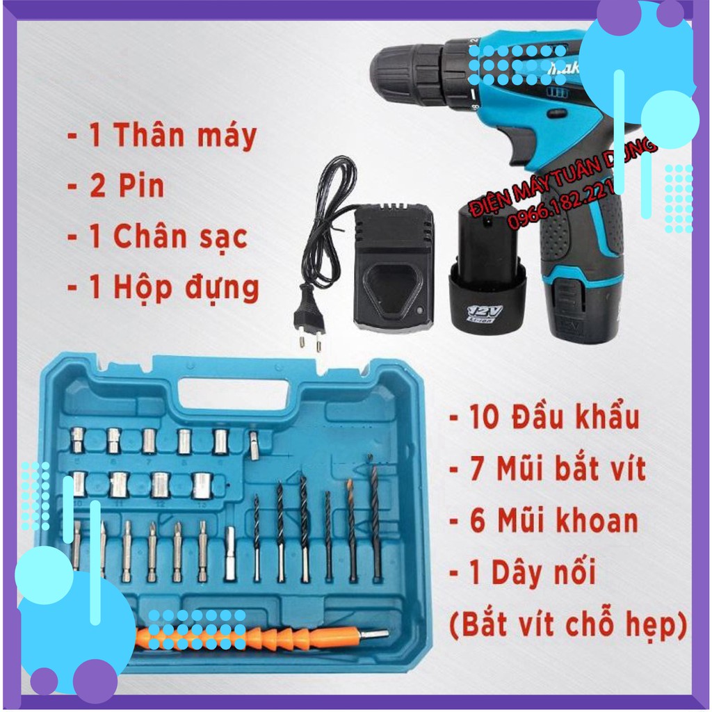 [Chính Hãng] Máy khoan pin makita 12V – KHOAN – BẮT VÍT – VẶN ỐC tặng kèm hộp 24 chi tiết .