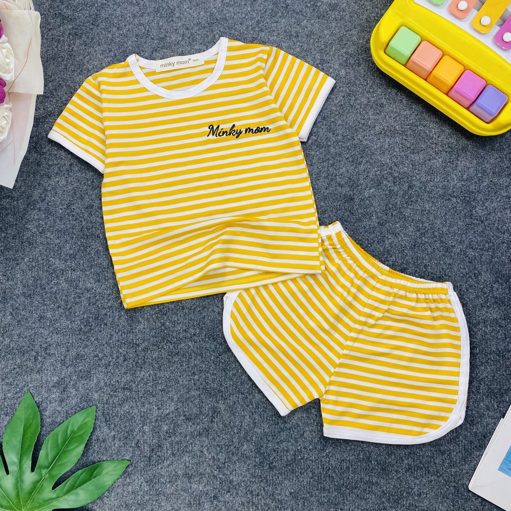 Bộ tay ngắn quần đùi thun lạnh sọc dệt thêu chữ MINKY MOM mềm mịn mát cho bé trai bé gái từ 7-27kg