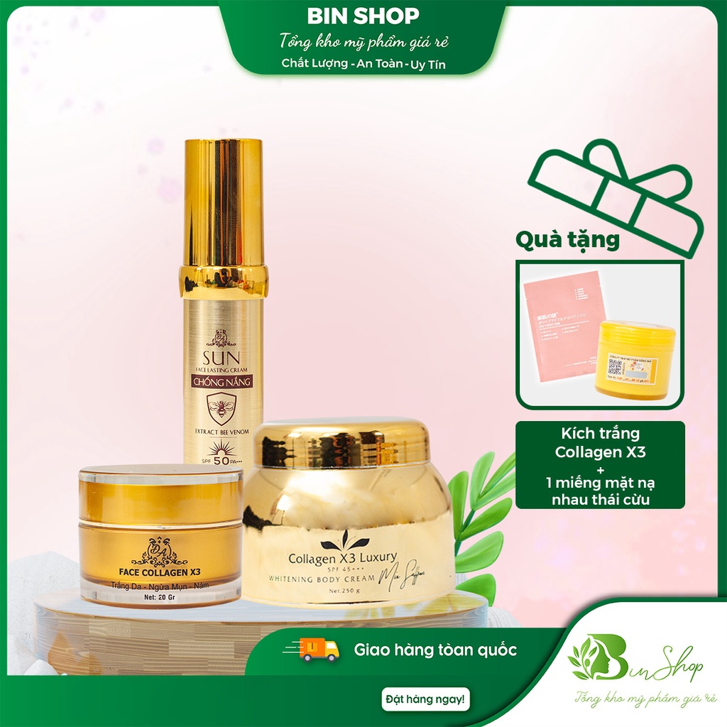 Bộ sản phẩm Kem Body Collagen X3 250gr + Kem Face Collagen X3 50gr + Kem chống nắng Collagen X3 50gr