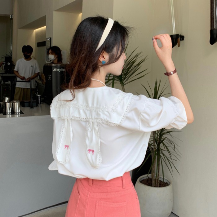 【ZHELIHANGFEI】Áo Sơ Mi Tay Ngắn Cổ Búp Bê Đính Tai Thỏ Kiểu Nhật Bản Dễ Phối Đồ