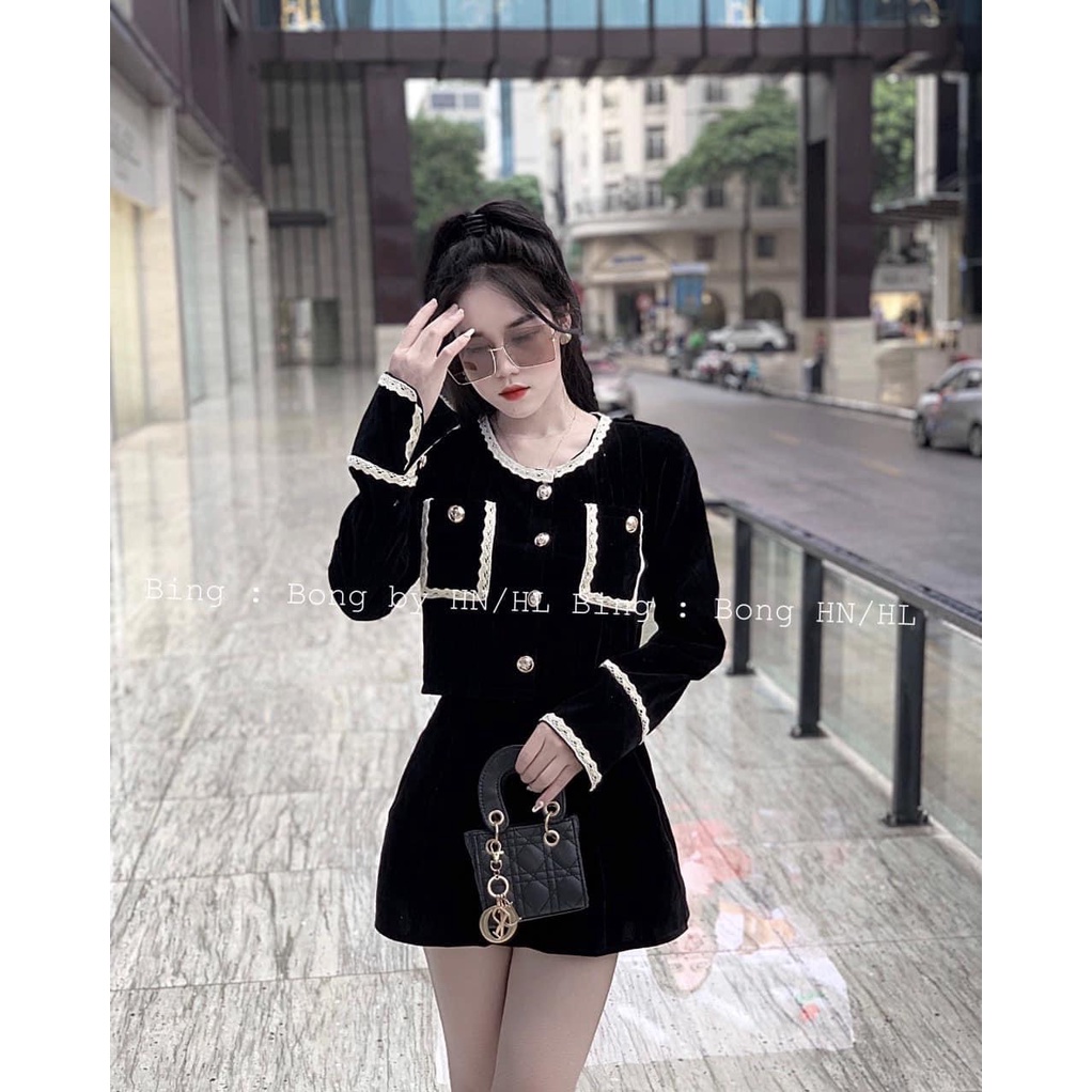 Set nhung viền ren mix chân váy ngắn BN615
