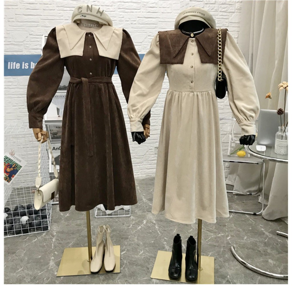 Váy nhung tăm retro ulzzang vintage dài tay - M15 - janna house