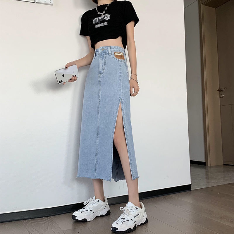 Chân váy jean chữ A lưng cao xẻ tà thời trang mới cho nữ