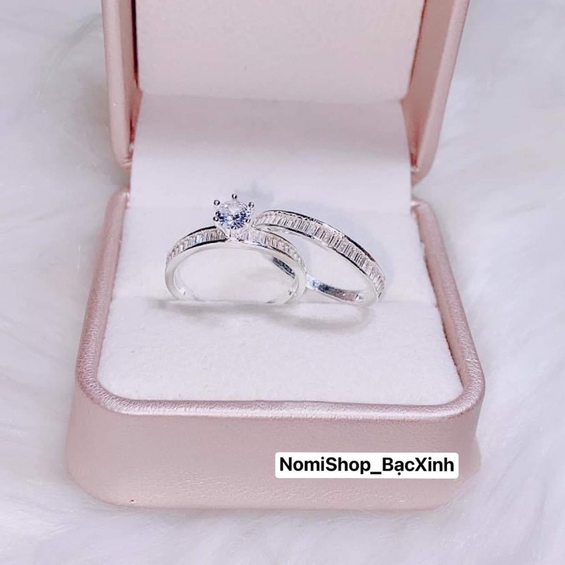 Nhẫn đôi chuẩn bạc đá viền ép bền sáng đẹp, phong cách độc đáo Mainomi Shop Bạc Xinh