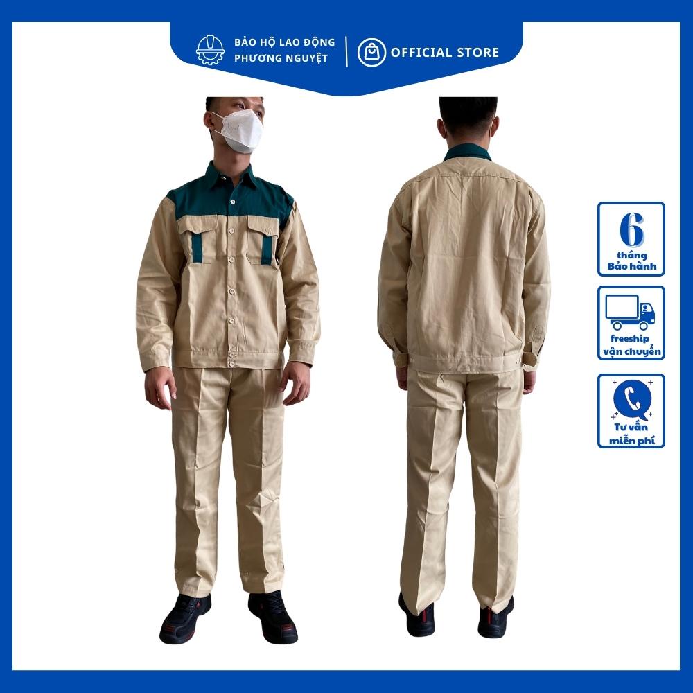 Quần áo bảo hộ lao động be vàng phối xanh két vải kaki 3/1 dày dặn, may đẹp may kĩ, không bai, không xù, không dão