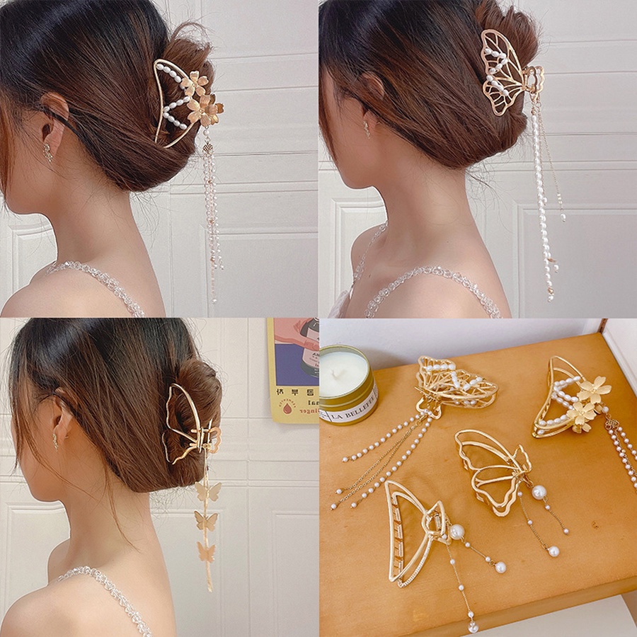 Kẹp Tóc Hợp Kim Hình Bướm Đính Ngọc Trai Phối Dây Xích Tua Rua Kiểu Hàn Quốc Cho Nữ