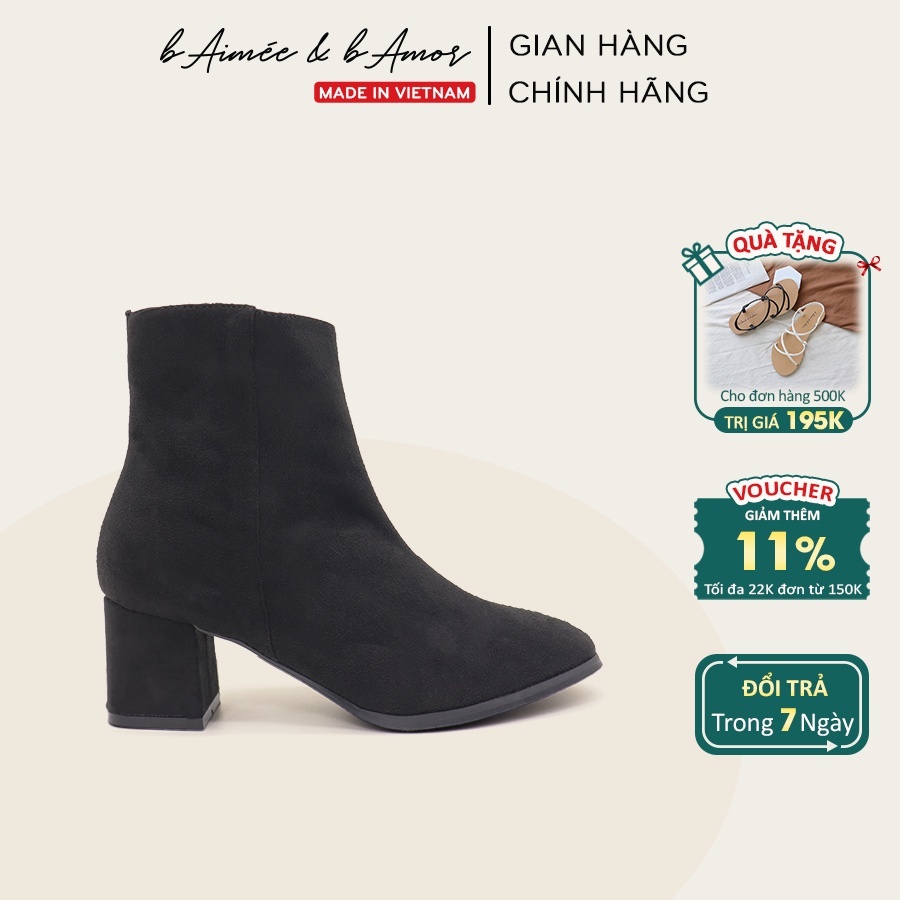 Bốt nữ cổ thấp da lộn da mờ cao gót 5p gót vuông mũi vuông dáng boots lửng ngắn khóa cạnh bAimée &amp; bAmor - MS1718