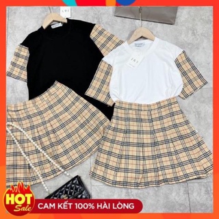 Set bộ bbr áo phông suông pha tay chân váy kẻ xoè siêu xinh l1