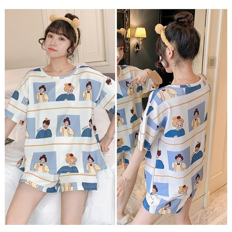 Bộ Đồ Ngủ 2 Món Áo Thun Tay Ngắn Phối Quần Short Cỡ Lớn In Hoạt Hình Dễ Thương Cho Nữ