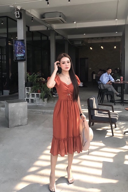 ĐẦM CỔ V lai bèo nhún ngực xd