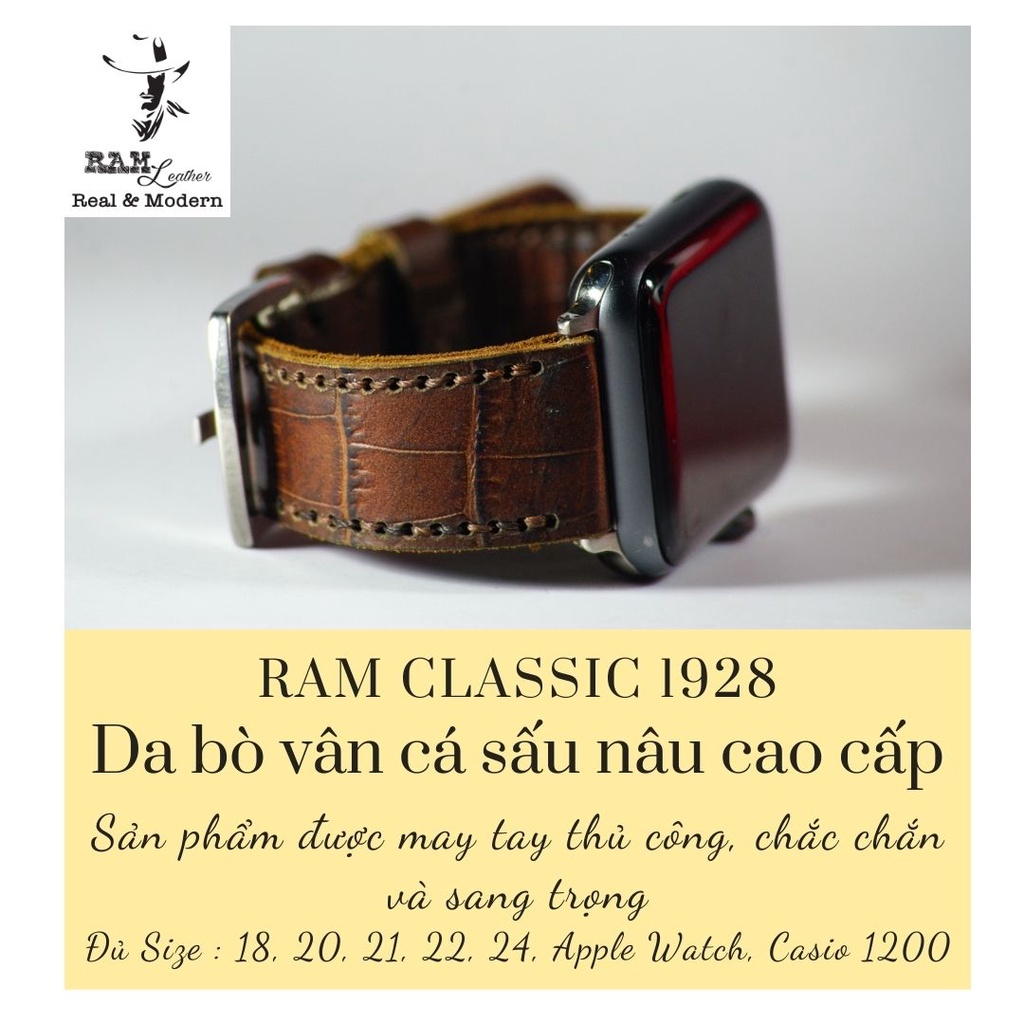 Dây đồng hồ da bò thật RAM Leather 1928 vân cá sấu nâu