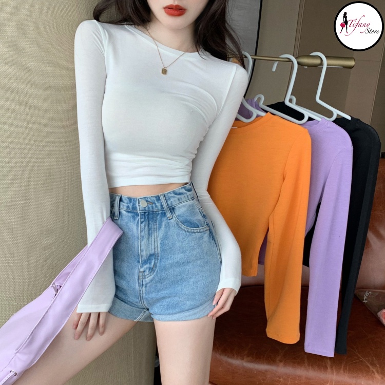 Áo Croptop Tay Dài Cổ Tròn Big Size Dưới 80Kg Chất Thun Co Dãn Màu Trắng "TD"