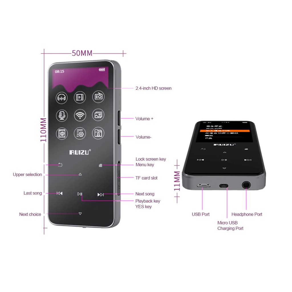 (QUÀ TẶNG 99K)Máy nghe nhạc Lossless Bluetooth Ruizu D10 (MP3, WMA, APE, FLAC, WAV,...), Dung lượng 16Gb