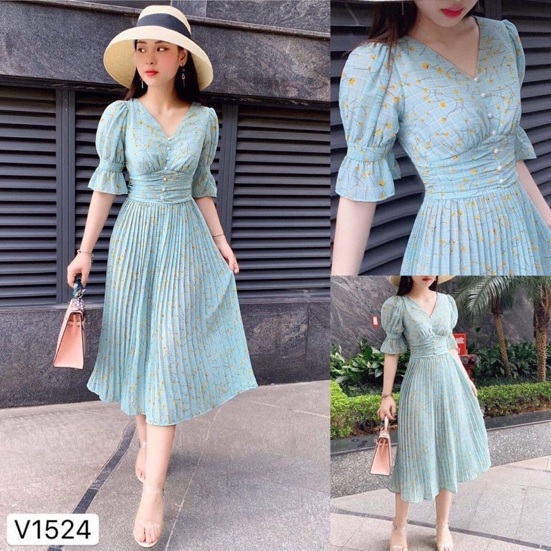 Váy xanh hoa vàng chân dập hàng thiết kế DVC