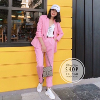 Set bộ vest hồng quần dài kèm lót