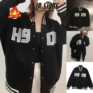 Áo Khoác Bomber Bóng Chày - Áo Khoác Dù Nam Nữ Unisex H9O9 Màu Đen Có Form Rộng XL - LP.STORE