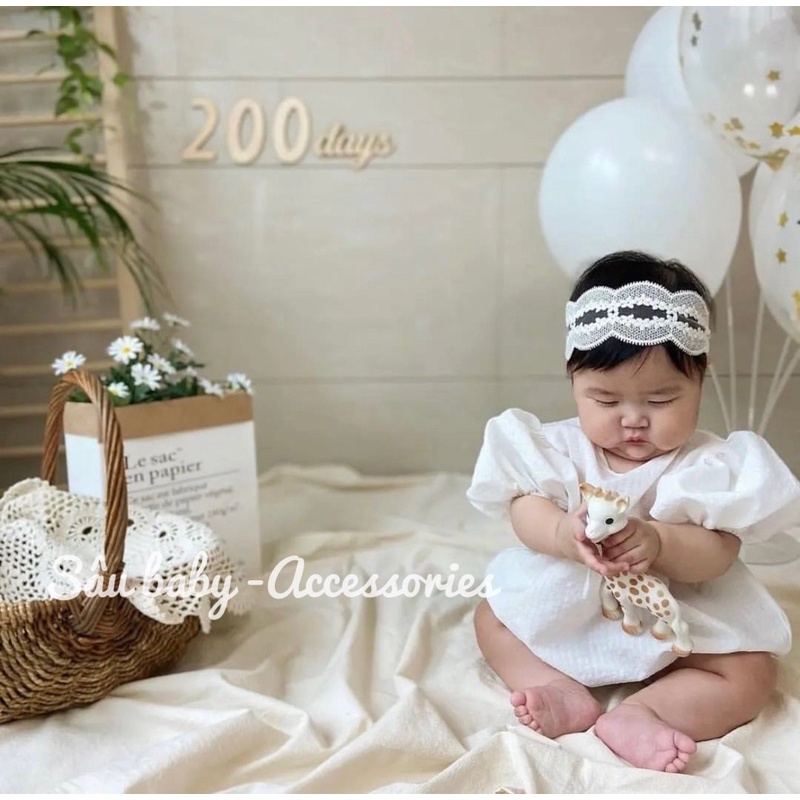 Băng đô turban vải ren Hàn Quốc thêu hoa lượn sóng cho bé gái