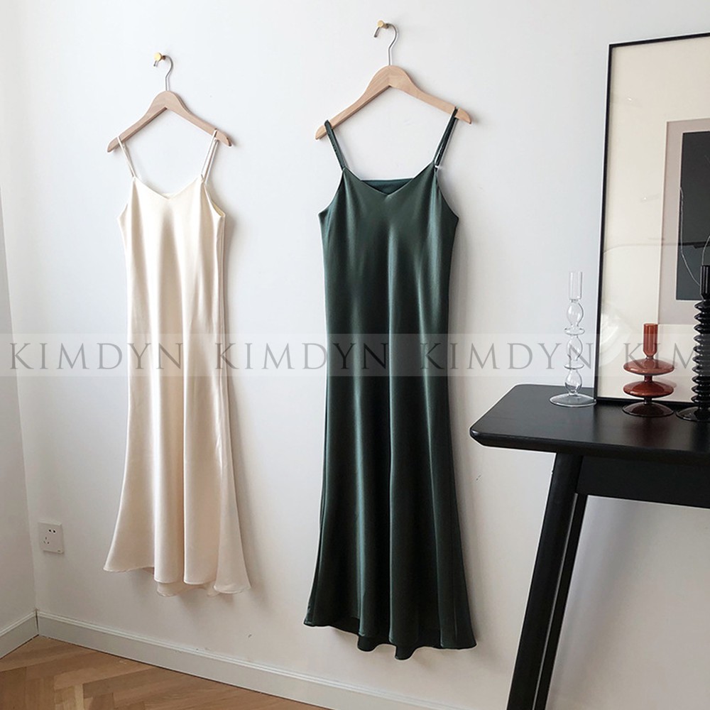 Đầm hai dây lụa satin dày dặn 2 lớp dáng A sang trọng