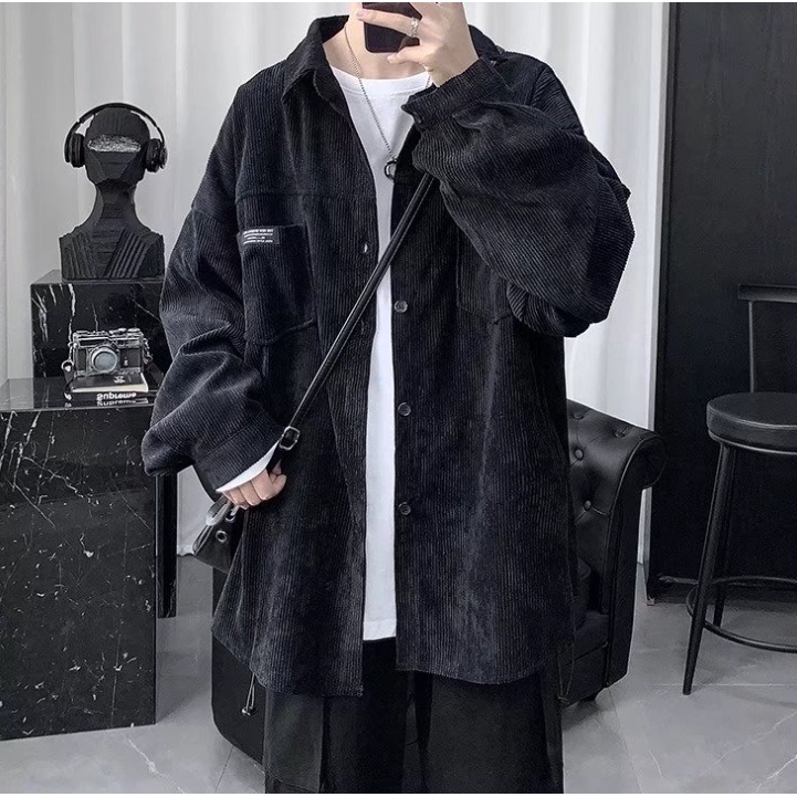 Áo nhung Áo sơ mi kaki vải nhung tăm Áo Sơ Mi Trơn Tay Dài Dáng Rộng Kẻ Sọc Đơn Giản Thời Trang Cho Nam Giới áo màu trơn
