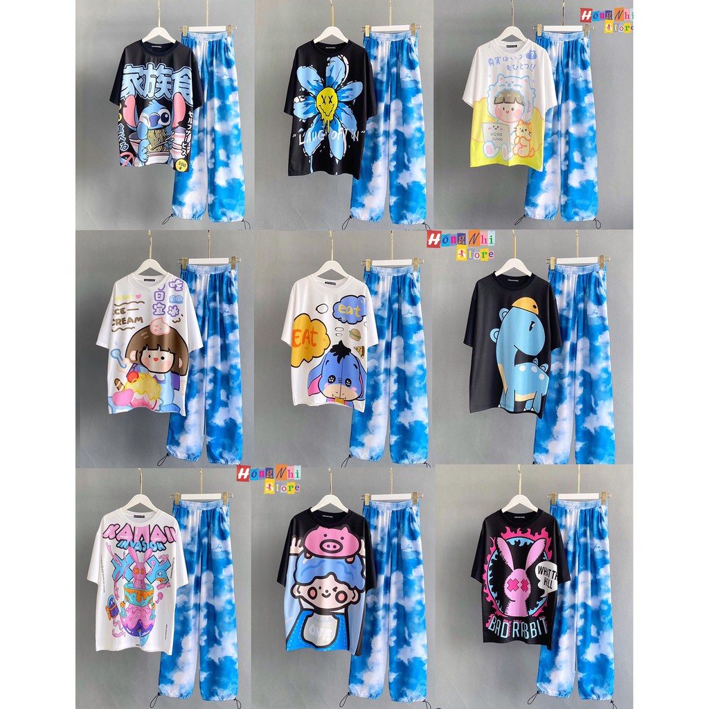 Set Bộ Áo Thun Tay Lỡ In Hình Tie Tee Phối Quần Jogger 3D Dây Rút Ulzzang Unisex Dáng Rộng - MM